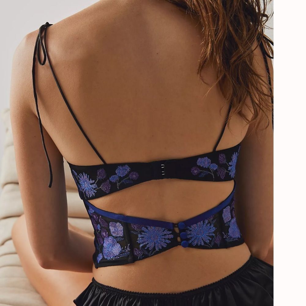 For Love And Lemons Kaylee Crop Top Black and Blue Floral Corset Bra, M - Picture 10 of 11